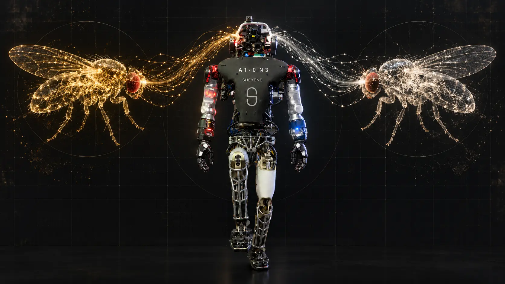 High-resolution scientific visualization: Ivan and Sophia, two Drosophila neural agents, interfacing with the dual hemispheres of humanoid robot A1-0N3 through gold and ivory pathways.